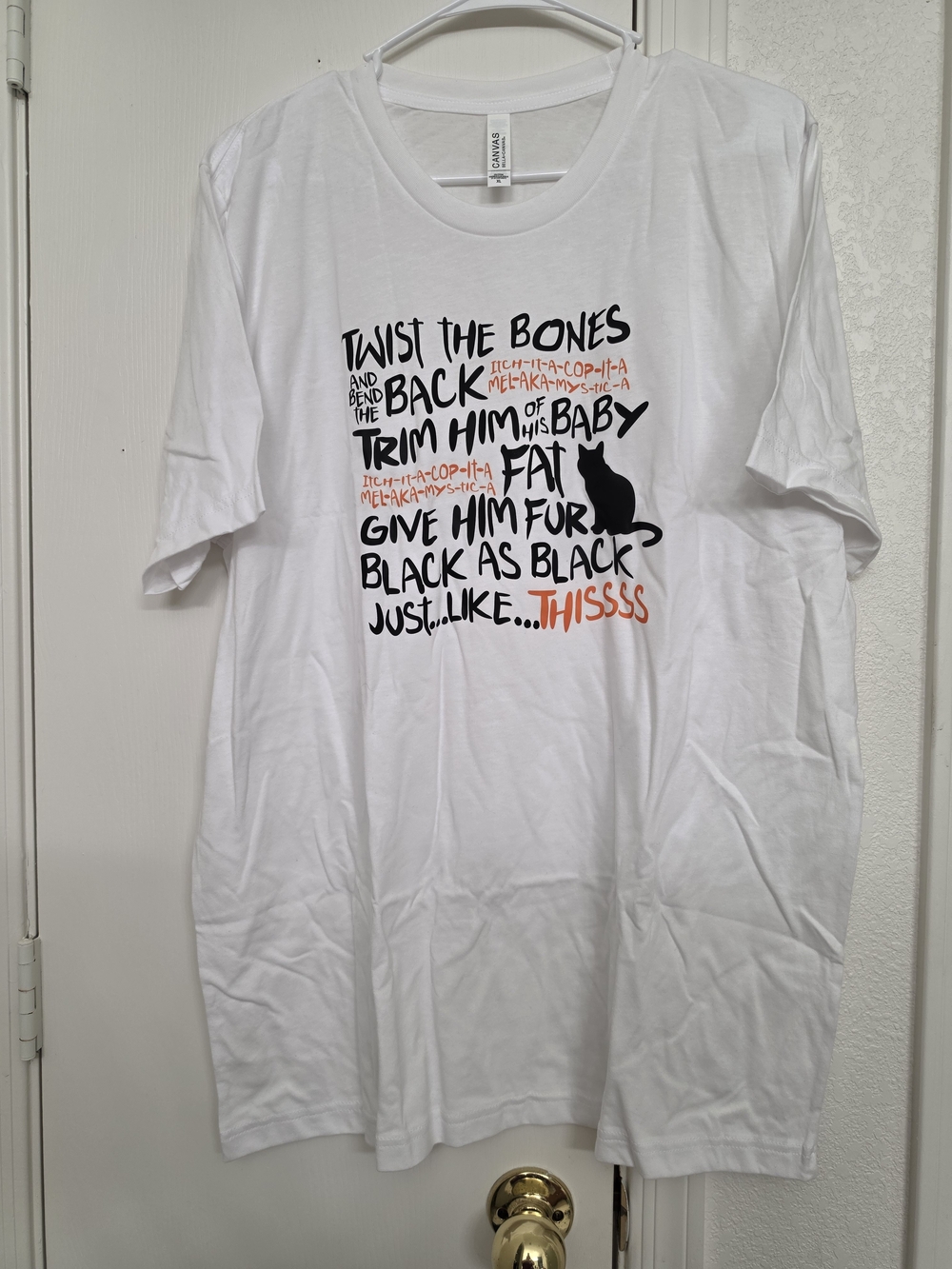 Bella+Canvas White Short Sleeve Tee with Black Cat and Orange Accent